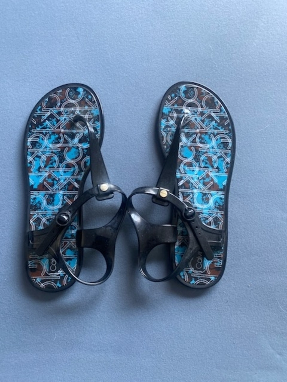 Calvin Klein Black Jelly Sandals with Blue Logo Print